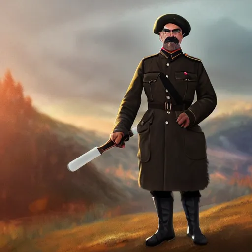 Prompt: fullbody of standing tom selleck, wearing short simple russian ww 1 clothes in black fur beanie with saber, russian villages at background, style ivan talavera and artgerm, radiant lighting, hyper realistic, photorealistic, octane render, trending on artstation, cgsociety, cinematic light, global illumination, high detailed tom selleck face