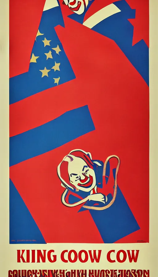 Prompt: a propaganda poster of king clown, soviet - era, 1 9 6 0 s, color palette, cold war, colors