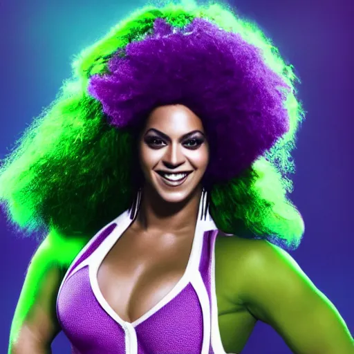 Image similar to Singer Beyoncé as the She-Hulk with green skin and dark green hair, wearing a white leotard with two purple vertical stripes, green skinned, wearing purple and white fingerless gloves, wearing purple and white sneakers, mini skirt, smiling, detailed legs, hyperreal, surreal, bokeh, tilt shift photography, green arms, green legs, green face,