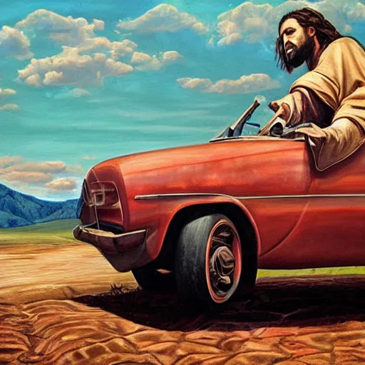 Image similar to hyperrealism painting of jesus driving a car
