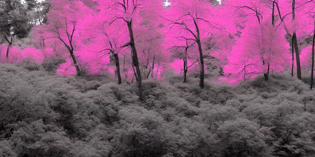 Prompt: pink infrared photography of a forest, ir 5 5 0 nm, kolari