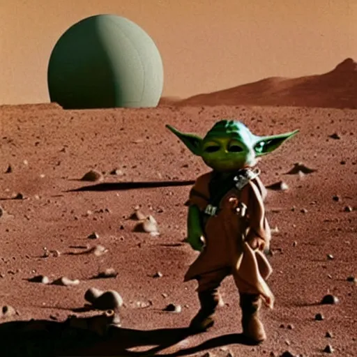 Prompt: mandalorian and baby yoda grogu with atomic bomb explosion behind in the background on mars planet, vintage color found photo