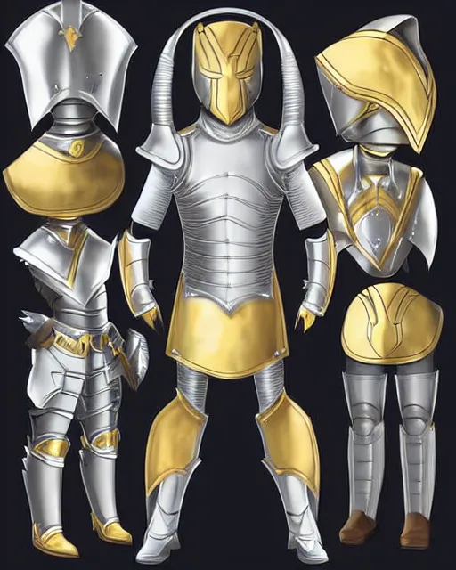 Image similar to suit of fantasy armor, clean silver armor with gold trim, flat shading, professional digital art, extremely high-quality