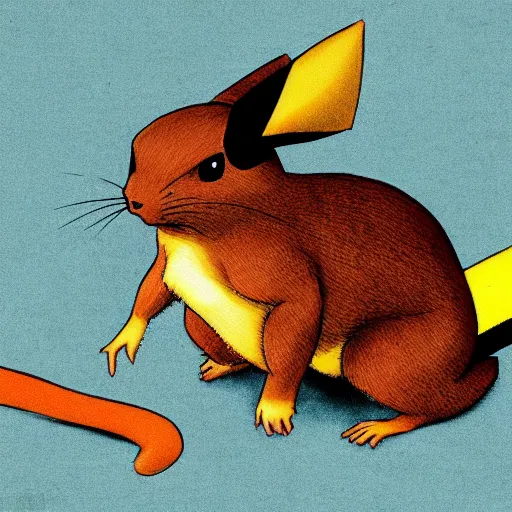 Prompt: The first pikachu (Amber Rattus) found in nature, circa 1992, photograph