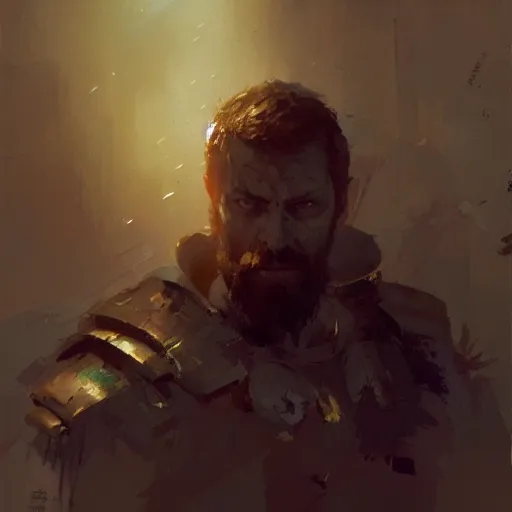 Image similar to Portrait painting of weary paladin by greg rutkowski and Craig Mullins, Dark atmospheric and cinematic lighting