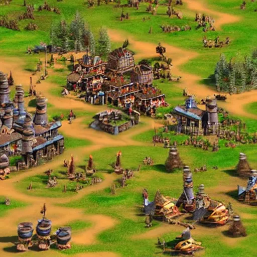 Prompt: a group of giant minions standing near a Town Center in the game Age of Empires