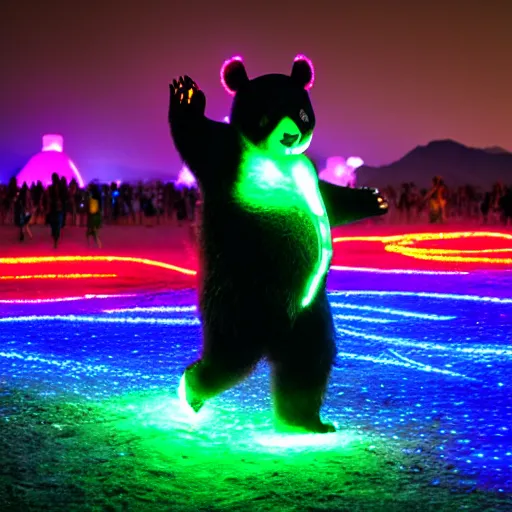 Prompt: a panda wearing led - lined clothing dancing at night on a busy playa at burning man