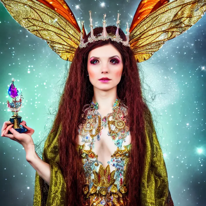 Image similar to full body photo of a very beautiful!! fairy queen with ornate sparkling robes, highly detailed, 4 k, hdr, smooth, sharp focus, high resolution, award - winning photo