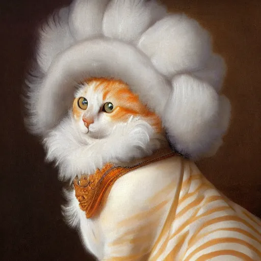 Prompt: portrait painting of a white and orange tabby cat wearing a ruff by Rembrandt van Rijn