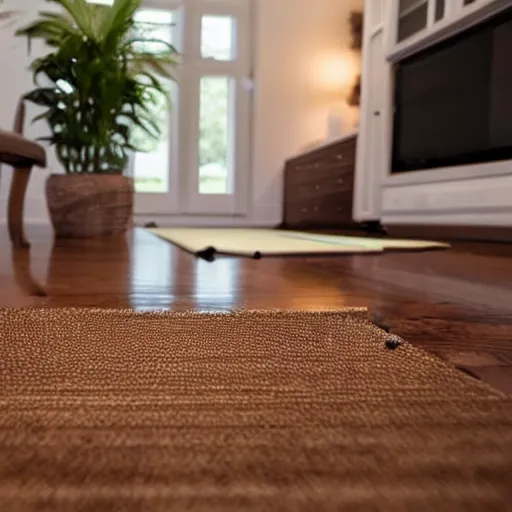 Prompt: Roomba with a Knife is Coming After You! Living Room Hardwood Floor, Low Angle, Dramatic