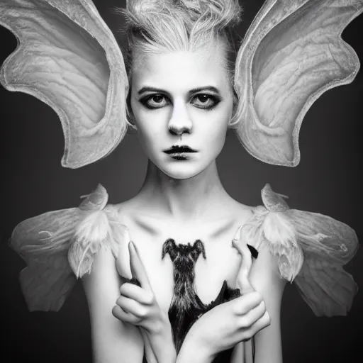 Image similar to bone fairy portrait, studio lighting, portrait photography, black - and - white photography, hyper realism, fantasy, 4 k,