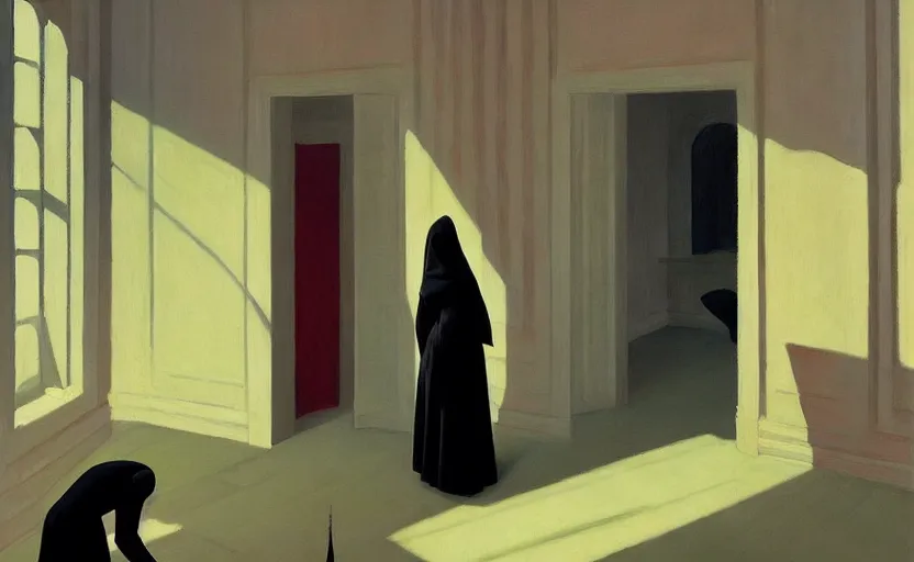 Prompt: inside a room with a guillotine womens praying wearin black dress, very coherent, painted by Edward Hopper, Wayne Barlowe, painted by James Gilleard, airbrush, art by JamesJean