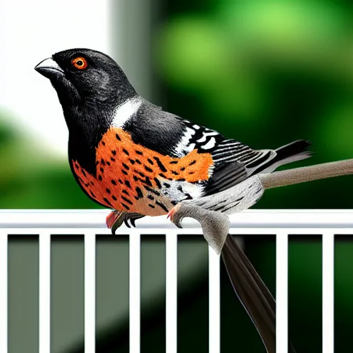 Prompt: a spotted towhee sitting on a marble balcony railing, vector graphic, six colors