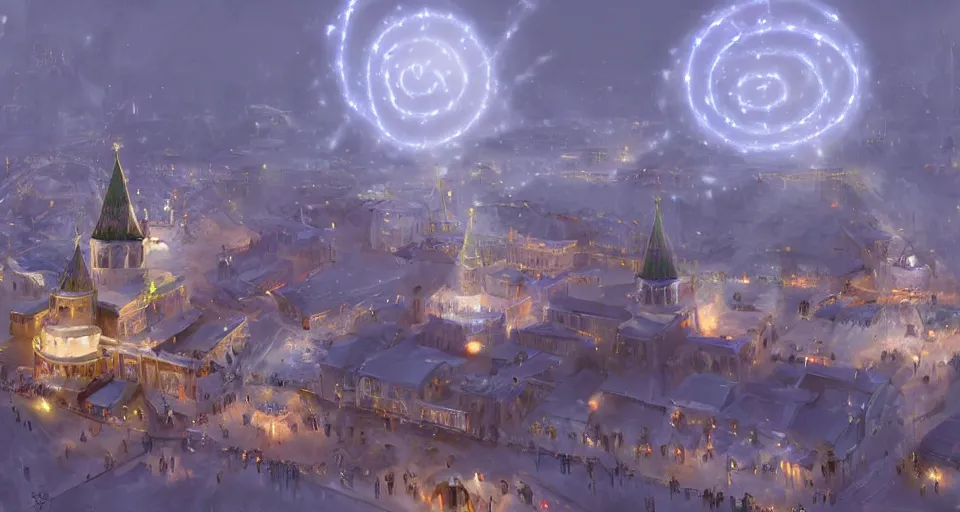 Image similar to pepople and a spiral - shaped white luminous attractor is floating near kremlin, concept art, art for the game, professional lighting, art