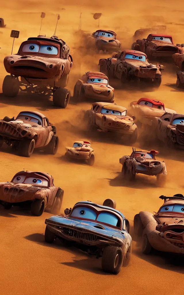 Image similar to pixar cars racing fast in the world of mad max fury road. 4 k ultra detailed