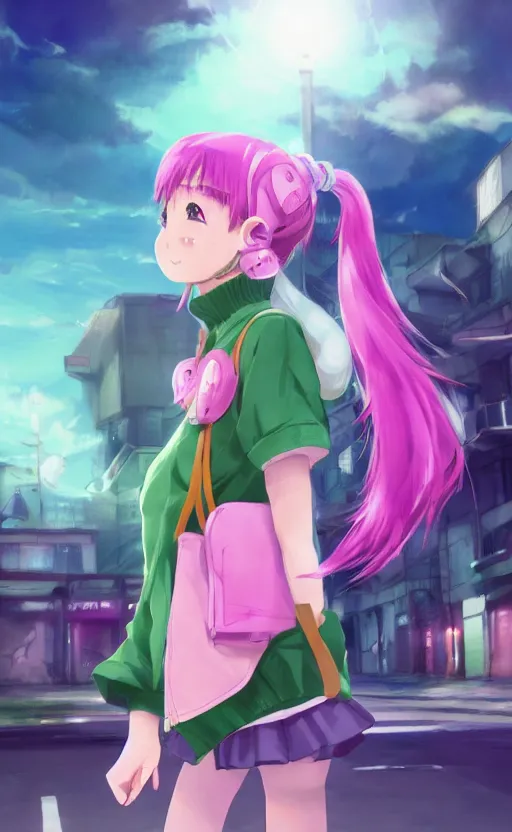 Image similar to anime girl with pink ponytail, wearing purple headphones, wearing a green sweater, with a smile on her face and her eyes closed, walking down a street, dynamic lighting, photorealistic fantasy concept art, trending on art station, stunning visuals, creative, cinematic, ultra detailed