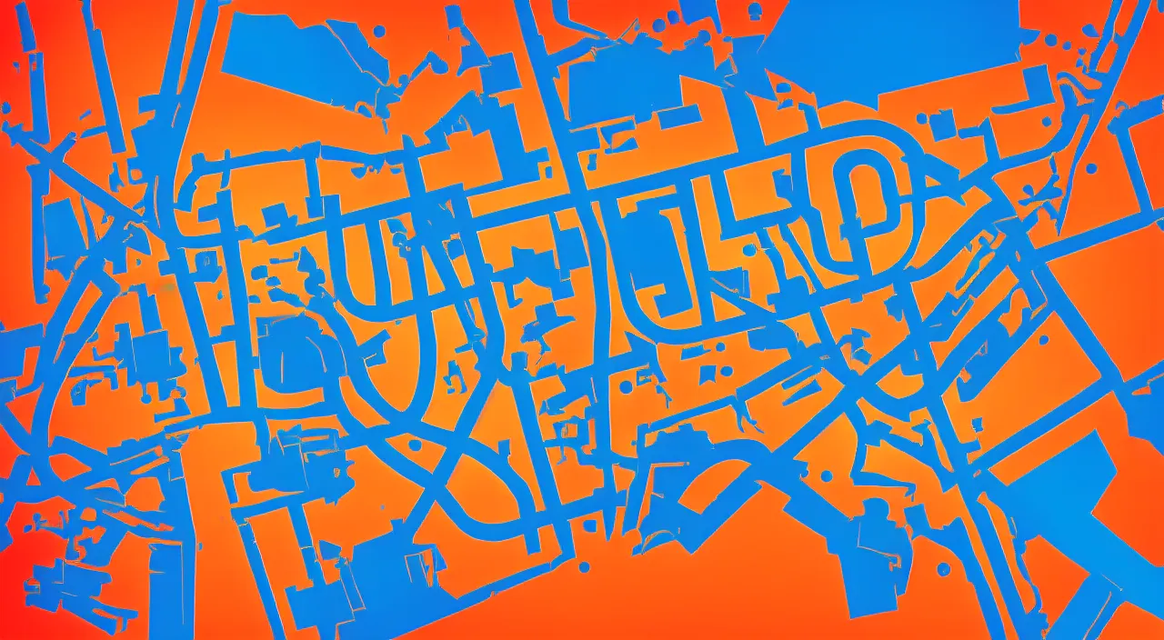 Image similar to axon drawing of las vegas, blue and orange complimentary color scheme, in style vector art style of tom whalen