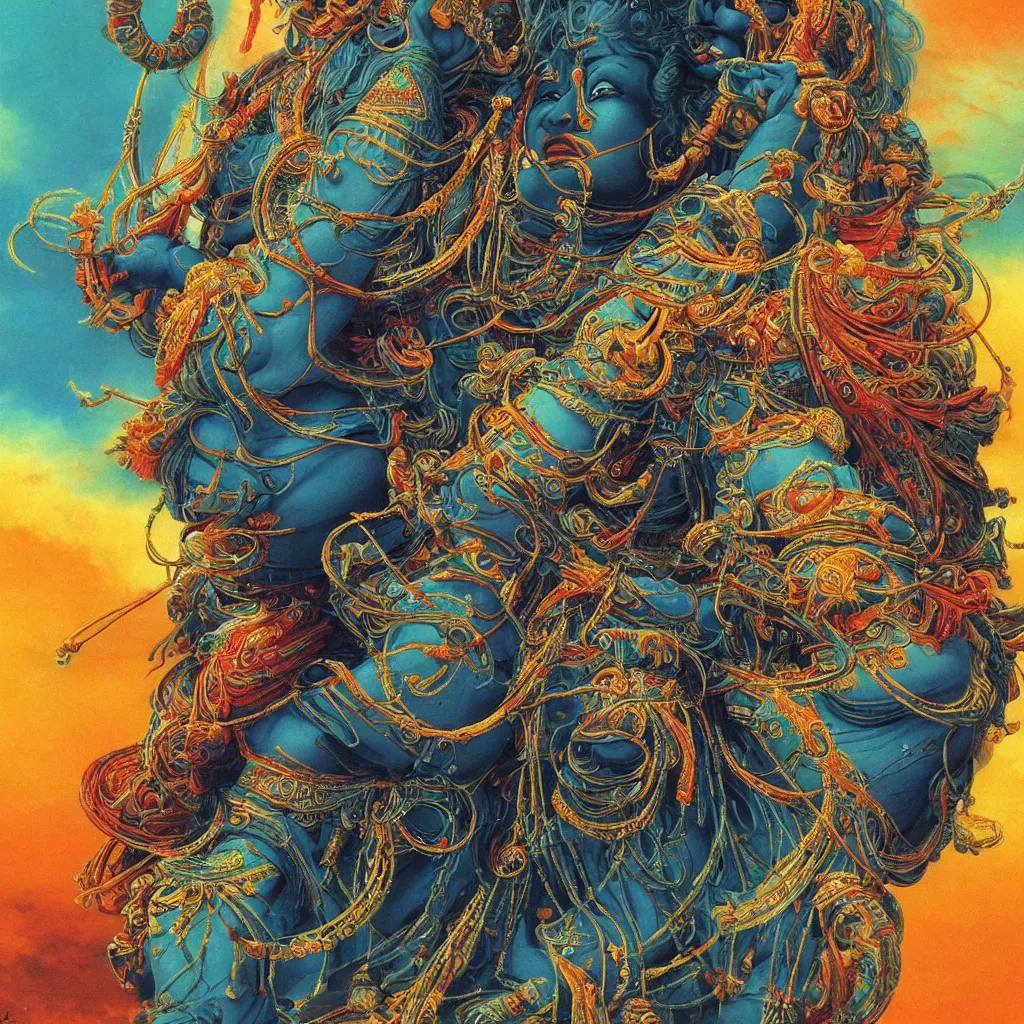 Image similar to One many-armed Shiva. Background in colorful patterns. High detail, hyperrealism, masterpiece, close-up, ceremonial portrait, solo, rich deep colors, realistic, art by Yoshitaka Amano, Ivan Aivazovsky