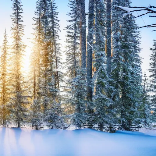 Image similar to a forest of spruce trees, dusted in snow, at early dawn, nature, high quality, dreamlike