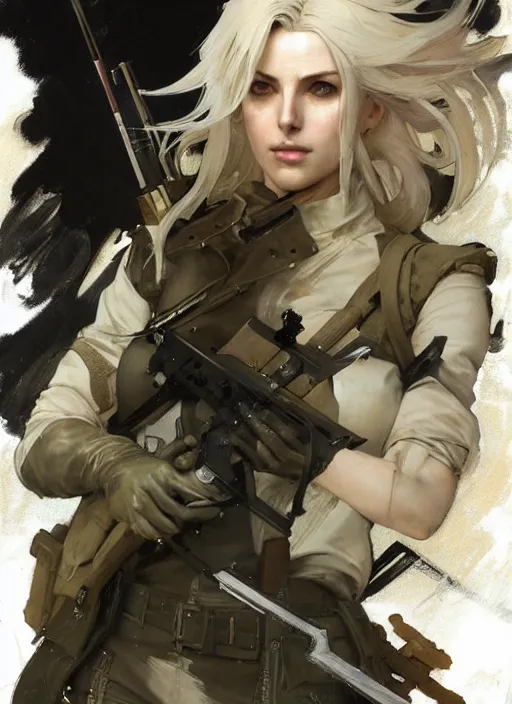 Prompt: beautiful neutral earth toned palette knife painting artwork of ciri as sniper wolf from metal gear solid 1 by yoji shinkawa jeremy mann, full body character portrait warhammer, charlie bowater and magali villeneuve and alphonse mucha, gaston bussiere, craig mullins, j. c. leyendecker, by artgerm