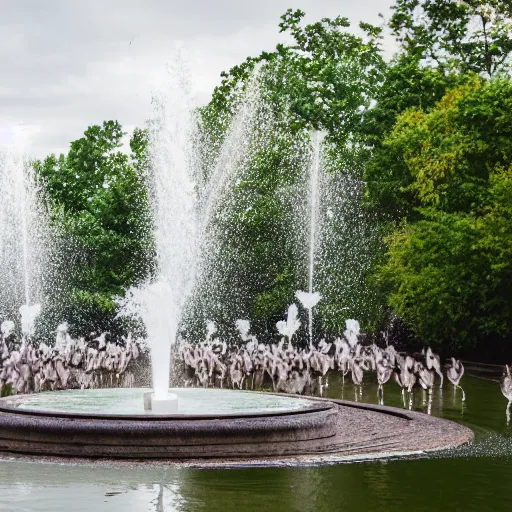 Prompt: a group of geese by a park fountain, 50mm Sigma lens, shot on a Sony A7siii