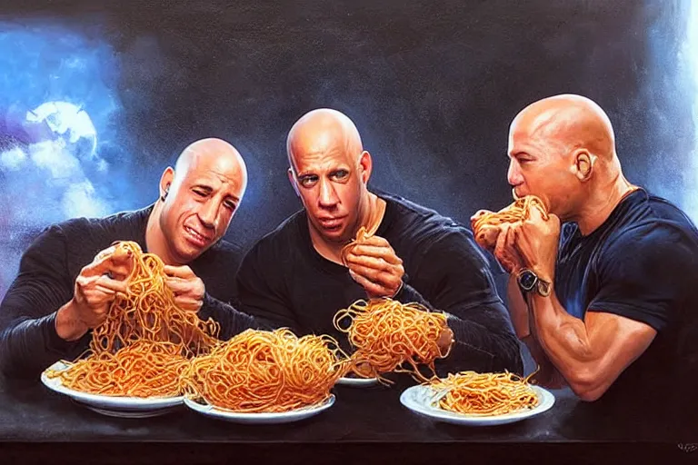 Image similar to portrait of vin diesel and willem dafoe sharing spaghetti, an oil painting by ross tran and thomas kincade