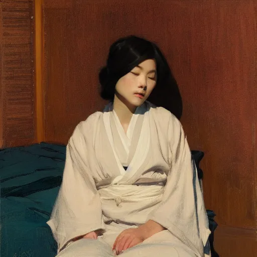 Image similar to girl with flowing dark hsir, in kimono, frontview, sitting on edge of bed, big chest by jeremy lipking, tim rees, joseph todorovitch