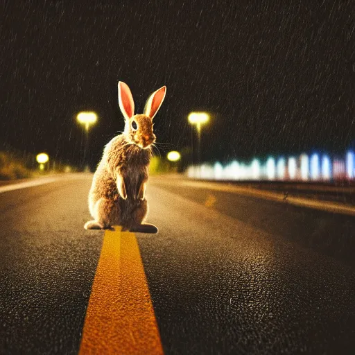 Image similar to lone rabbit in the middle of a street during a rainy night, lights, focused photo, low field of view, album cover