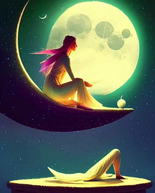 Prompt: beautiful painting of elven sitting on her flying bed and looking at the moon, art by mike winkelmann and by petros afshar, sky night, illustration, highly detailed, simple, smooth and clean vector curves, no jagged lines, vector art, smooth, artstation