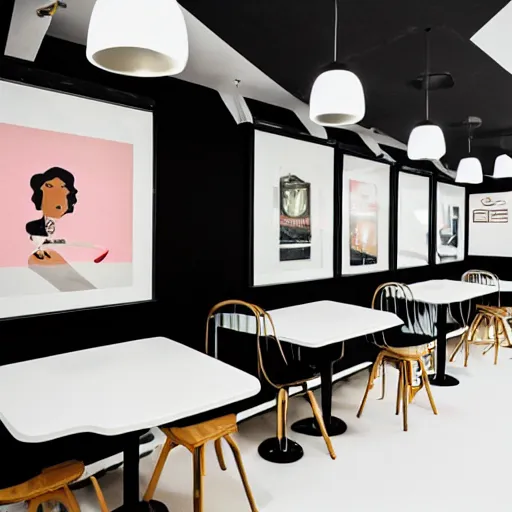 Image similar to photo of a minimalist white cafe interior with arcade machines, and retro posters on the white walls, tall interior