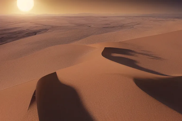 Prompt: single fantasy castle in foreground in the desert sands with rolling sand dunes in the background and a scorching sun moving through the cloudless sky, illustrated by Greg Rutkowski and Gaston Bussiere, 35mm lens, beautiful macro close-up imagery, intense hot lighting, beautiful volumetric-lighting-style atmosphere