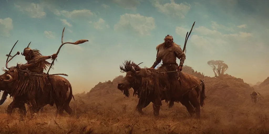 Image similar to an ancient tribesman driving an ancient motorcycle, hunting buffalo ,attacking, chase, action scene, an epic fantasy, dramatic lighting, cinematic, establishing shot, extremely high detail, photorealistic, cinematic lighting, artstation, octane render, by simon stalenhag, horizon forbidden west,old photo, vintage