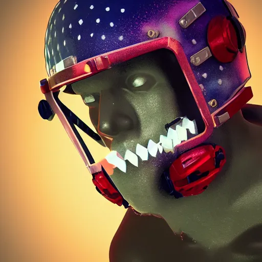 Prompt: american football helmet made of ice and stalactites, nebula visor, barbed wire mouthguard, retrowave, cyberpunk, 3 d render