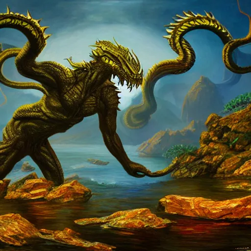 Prompt: a painting of a mythical hydra on lsd by james gurney, 8k unreal engine