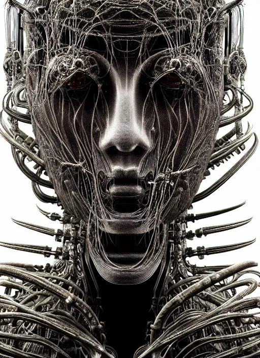 Image similar to portrait of neural nightmares by yoshitaka amano and HR Giger, detailed face face face face, facial structure, hd, 8k, very very very very electronic, biomechanical, biology, bio, neural machine, single subject, terror