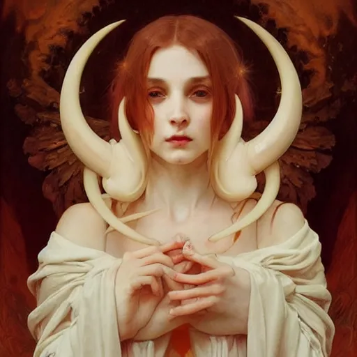 Image similar to Portrait of beautiful pale demonic girl with devil\'s horns and nimbus, cinematic lighting, intricate, elegant, highly detailed, digital painting, artstation, smooth, sharp focus, illustration, art by artgerm and greg rutkowski and alphonse mucha and Wayne Barlowe and william-adolphe bouguereau