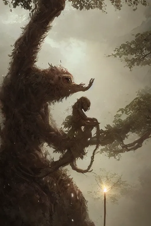 Image similar to a beautiful terrifying humanoid tree beast looms over a tiny human. at dawn, ethereal fantasy art by greg rutkowski