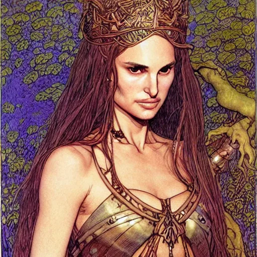 Image similar to a realistic, very beautiful and atmospheric portrait of a young natalie portman as a druidic warrior wizard looking at the camera with an intelligent but seductive gaze by rebecca guay, michael kaluta, charles vess and jean moebius giraud