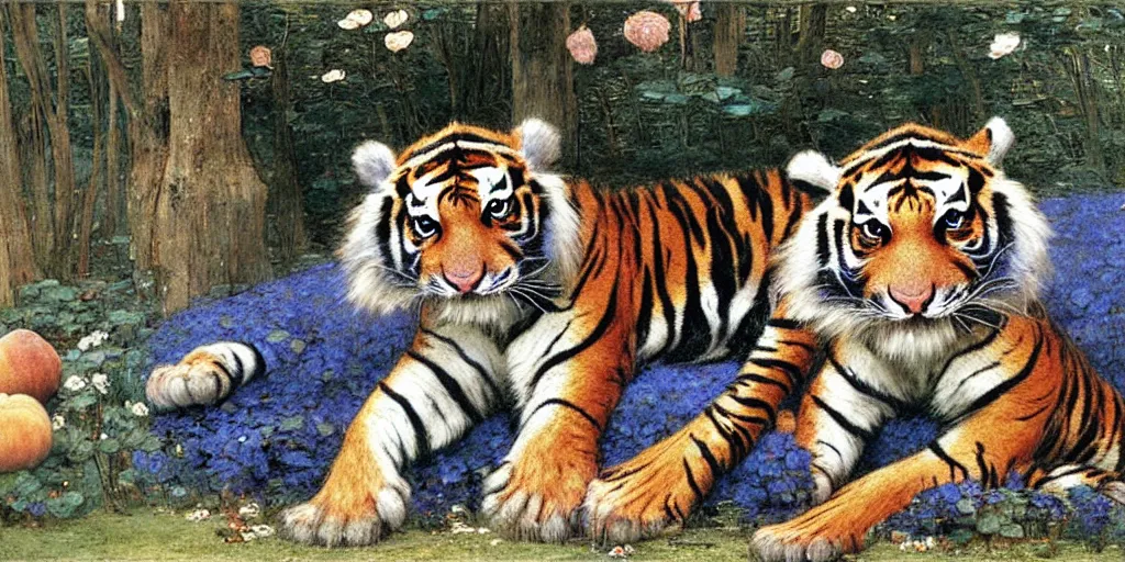 Image similar to 3 d precious moments plush tiger, realistic fur, landscape, < muted blue, peach, gray, brown, purple color scheme >, master painter and art style of john william waterhouse and caspar david friedrich and philipp otto runge