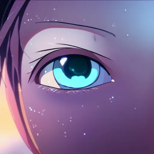 Prompt: girl's eyes, stars are hidden in the eyes, 8 k, stunning, highly detailed, super macro, close - up view, magical, makoto shinkai