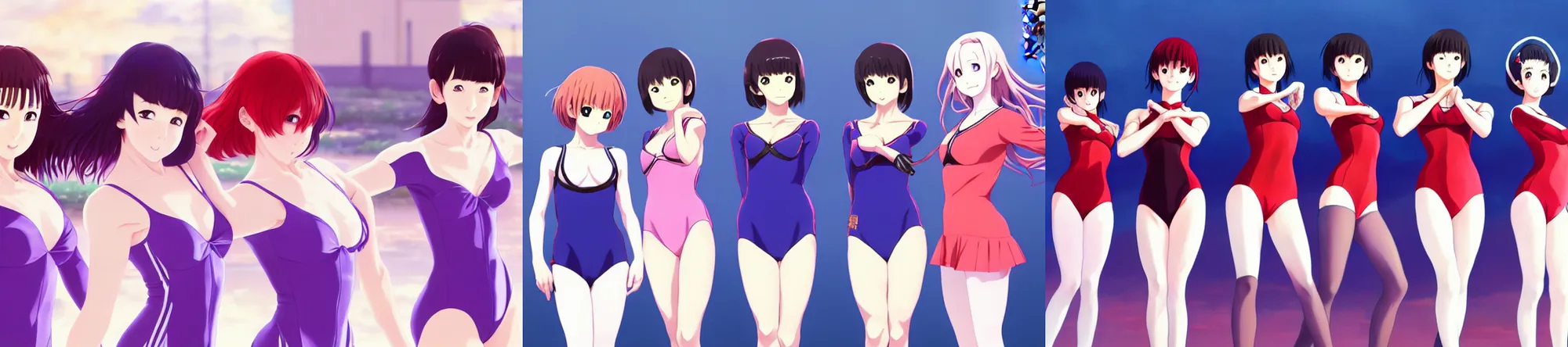 Prompt: unbelievably beautiful, perfect, dynamic, epic, cinematic 8 k hd anime shot, three j - pop idols av actresses in japanese girl band, posing together in leotards. by amagaitaro, makoto shinkai, krenz cushart, asao urata, pixiv