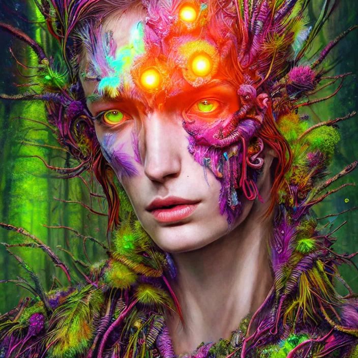 Image similar to bright psychedelic portrait of organic cyborg covered in moss and feathers in an ancient forest, diffuse lighting, fantasy, intricate, elegant, highly detailed, lifelike, photorealistic, digital painting, artstation, illustration, concept art, smooth, sharp focus, art by John Collier and Albert Aublet and Krenz Cushart and Artem Demura and Alphonse Mucha