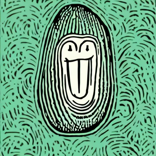 Prompt: linocut of a humanoid smiling pickle