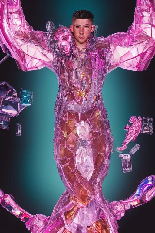 Image similar to hyper detailed ultra sharp fullbody photo of baroque and cyberpunk transparent pink gem sculpture of a muscular seductive muscular nick jonas feeling muy cachondo, muy dotado, iridescent humanoid deity wearing pink plastic seethrough cloak, holding a rainbow tiger gem, blue diamond, glowing pink face, crown of white diamonds, cinematic lighting, photorealistic, octane render 8 k