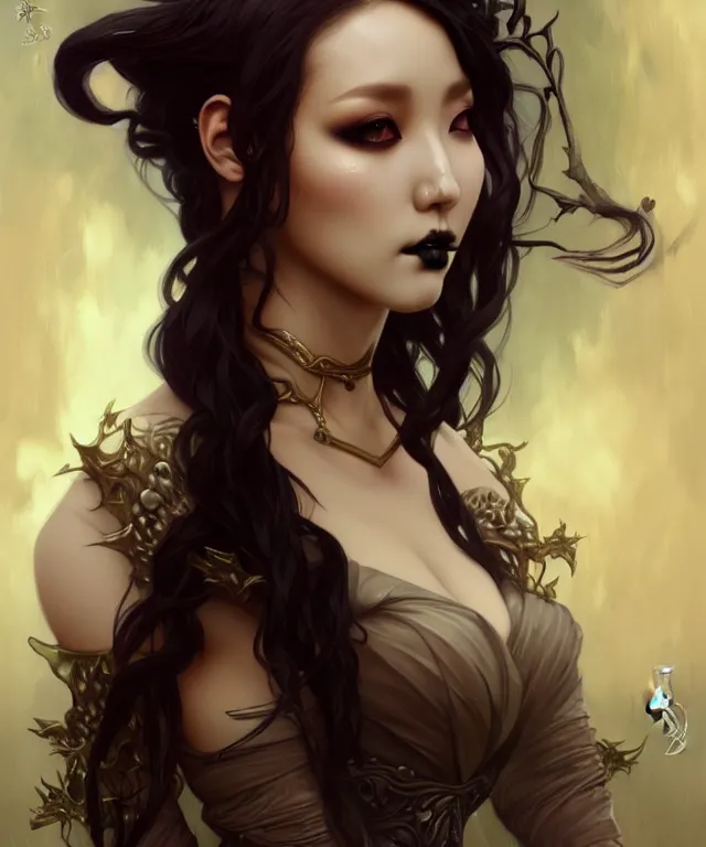 Image similar to hwasa as a gothic female fantasy satyr, portrait, fantasy, intricate, elegant, highly detailed, digital painting, artstation, concept art, smooth, sharp focus, illustration, art by artgerm and greg rutkowski and alphonse mucha