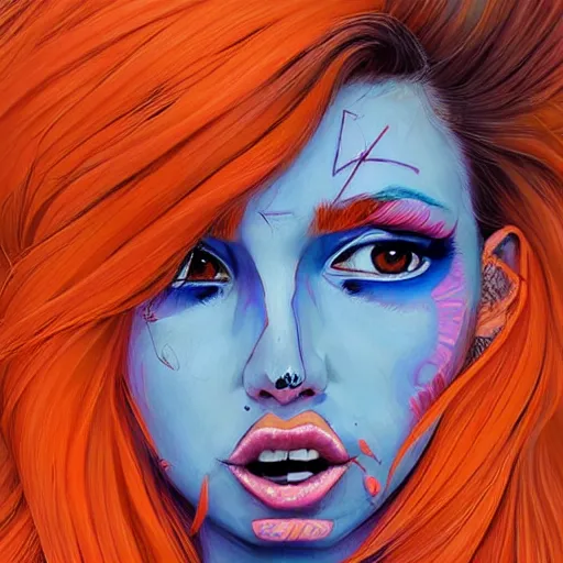 Image similar to portrait painting of a trendy woman with swept back wild orange hair, fashionable, windy, face paint, sharp focus, award - winning, trending on artstation, masterpiece, highly detailed, intricate. art by josan gonzales and moebius and deathburger