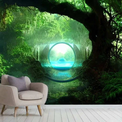 Image similar to active stargate water portal to another dimension inside a beautiful tree in a densely overgrown jungle, fantasy, dreamlike sunrise volumetric lighting, ultra realistic, atmospheric, stopped in time, epic