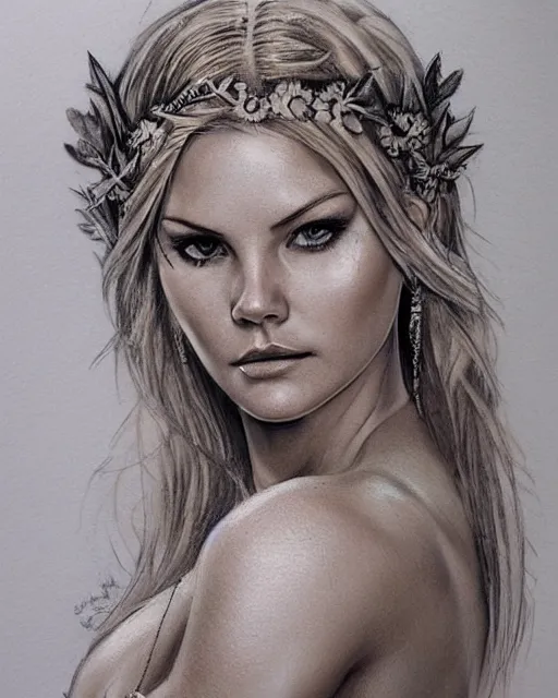 Prompt: realism tattoo sketch of elisha cuthbert as a beautiful greek goddess aphrodite with piercing eyes wearing a laurel wreath and triangle earrings, in the style of greg rutkowski, amazing detail