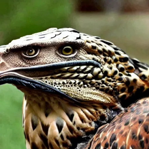 Image similar to hawk and crocodile morphed together, half crocodile, half hawk, real picture taken in zoo, realistic hawk proportions, head of crocodile is seamlessly merged with hawk