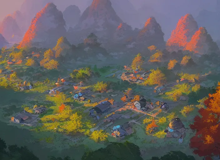 Image similar to concept art painting of a small woodland village in a valley seen from above, european japanese buildings, early morning, cel shaded, detailed, realistic, by makoto shinkai and moebius and anton fadeev and james gurney